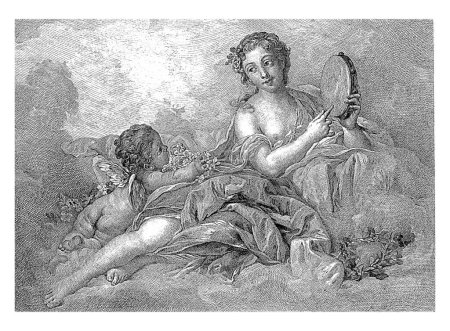 Photo for Muse Erato with putto and tambourine, Albert Ardail, after Francois Boucher, 1890, vintage engraved. - Royalty Free Image