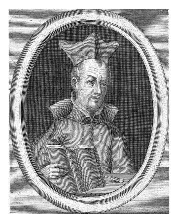 Téléchargez les photos : Portrait de Grégoire un Sancto Vincentio, mathématicien, à droite. Il porte une biretta et dans sa main droite il tient un livre. Devant lui sur une table est une boussole. - en image libre de droit