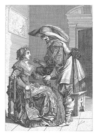 Foto de El hombre le ofrece a una mujer una moneda, Salomon Savery, después de Pieter Jansz. Quast, 1630 - 1718, grabado vintage. - Imagen libre de derechos