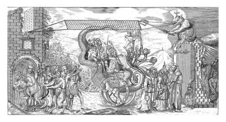 Foto de La Ascensión Romana, 1621, anónimo, 1621 La Ascensión Romana, 1621. Caricatura en la que un carro formado por la bestia de siete cabezas conduce al Papa. - Imagen libre de derechos