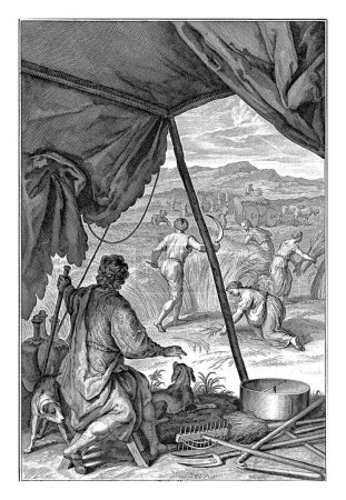 Ruth recueille les oreilles dans le champ de Boaz, Joseph Mulder, Gerard Hoet, 1720-1728 Dans le champ de Boaz, Ruth ramasse les grains, que les faucheurs laissent derrière eux. Assis sous un auvent avec ses chiens, Boaz regarde.
