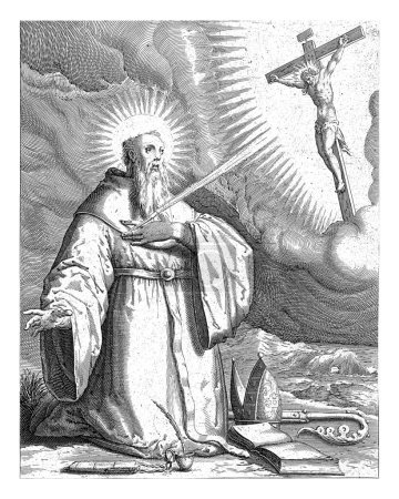 Foto de H. Augustinus, Harmen Jansz Muller, después de Hans Speckaert, 1583 - 1587 San Agustín se arrodilla ante una visión de Cristo en la cruz. Un rayo de luz lo golpea en el corazón. - Imagen libre de derechos