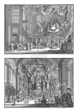 Photo for Statues of Chinese Gods, Bernard Picart (workshop of), 1726 Sheet with two representations of Chinese gods. Above: Interior of a temple with a statue of the god Vitek. - Royalty Free Image