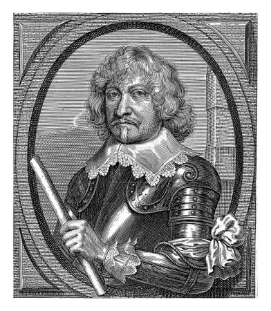 Téléchargez les photos : Portrait de Guillaume de Lamboy, Pieter de Jode (II), 1649 Buste portrait de Guillaume de Lamboy, en armure. Dans sa main gauche, il tient un état-major, sur son bras gauche un arc. - en image libre de droit