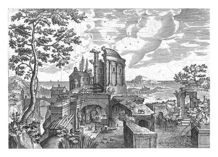 Foto de Paisaje con ruinas de un templo, Adriaen Collaert, después de Hendrick van Cleve, 1587 - 1618 En primer plano están las ruinas de un templo redondo. En medio de la ruina hay un pequeño estanque. - Imagen libre de derechos