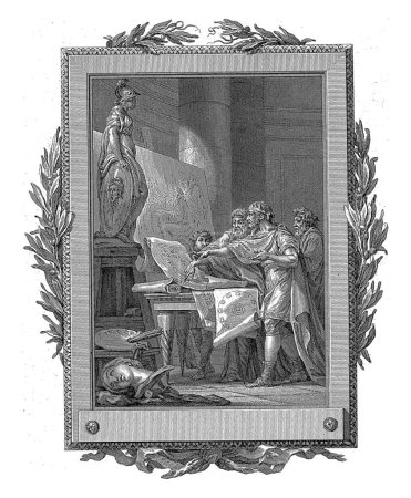 Photo for Mentor shows Idomeneus regulations for the arts and the police at Salento, Jean-Baptiste Tilliard, after Charles Monnet, 1785 Idomeneus and Mentor, standing before a table and easel with painting. - Royalty Free Image