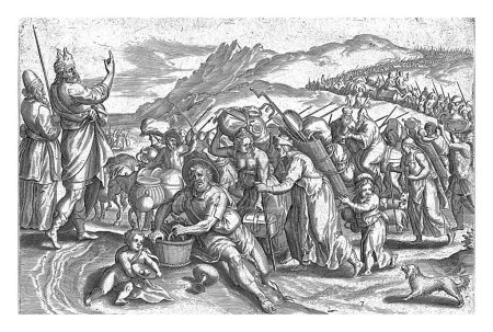 Téléchargez les photos : Exode d'Egypte, Johann Sadeler (I), d'après Marten van Cleve (I), 1579 Au premier plan Moïse et Aaron qui guident leur peuple vers la terre promise. - en image libre de droit