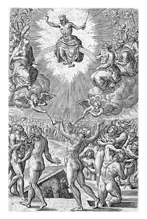 Téléchargez les photos : Jugement dernier, Johannes Wierix, d'après Pieter van der Borcht (I), 1570 Christ siège comme juge sur l'arc-en-ciel. Il est entouré de chérubins et de saints. Sur la terre, les gens sortent de leurs tombes. - en image libre de droit