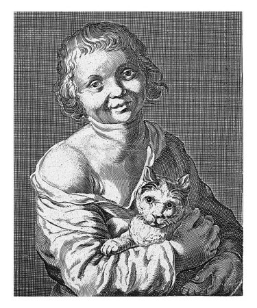 Foto de Niño con gato, Cornelis Bloemaert (II), después de Hendrick Bloemaert, 1625 - 1675 Un niño sostiene un gato en sus brazos, cerca de su cuerpo. Con leyenda holandesa de dos líneas, advirtiendo contra la rapacidad del gato. - Imagen libre de derechos