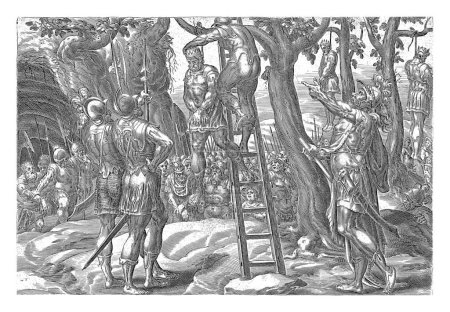 Foto de Cinco reyes amorreos ahorcados, Harmen Jansz Muller, después de Gerard van Groeningen, 1579 - 1585 Los cinco reyes amorreos son ahorcados en los árboles por orden de Josué, con el bastón del comandante en la mano. - Imagen libre de derechos