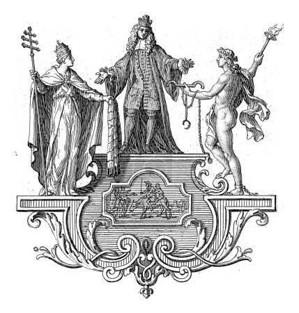Photo for Francois de Maucroix flanked by the Church and Hymen, Bernard Picart, 1718 The poet Francois de Maucroix on a pedestal is flanked by the personification of the Church, dressed as the Pope. - Royalty Free Image