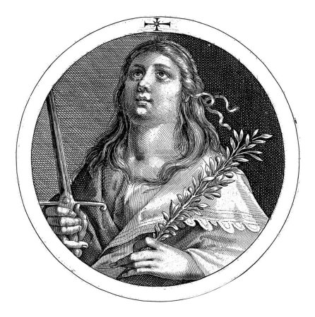 Foto de Frigio Sibil, Crispijn van de Passe (I), 1601 Busto del frigio Sibil. Ella sostiene una rama de olivo en su mano izquierda y una espada en su mano derecha. - Imagen libre de derechos