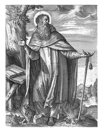 Foto de San Antonio, Justus Sadeler (posiblemente), después de Odoardo Fialetti, 1600 - 1620 San Antonio, de pie con un pie en un soporte. Detrás de él su atributo, un cerdo. - Imagen libre de derechos