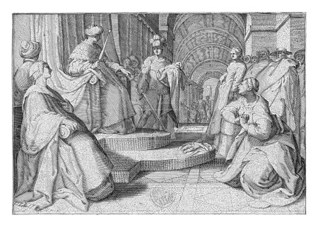 Téléchargez les photos : Jugement de Salomon, Cornelis Jacobsz. Drebbel, d'après Karel van Mander (I), vers 1597 Salomon est assis sur son trône avec le sceptre à la main. Pour lui, les deux femmes qui revendiquent le même enfant. - en image libre de droit