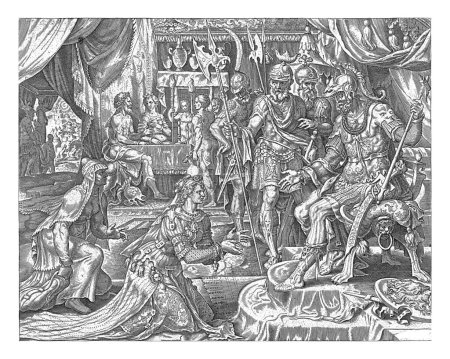 Foto de Judit antes de Holofernes, Philips Galle, después de Maarten van Heemskerck, 1564 Judit visita al comandante del ejército Holofernes en su campamento de tiendas de campaña. Ella se arrodilla ante él con sus mejores ropas. - Imagen libre de derechos