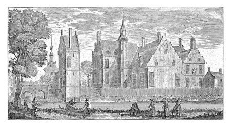 Téléchargez les photos : Dorp van Schooten, Franz Ertinger, 1697 Vue du château de Schoten, près d'Anvers. Au premier plan marcheurs et deux personnes au travail le long de la rivière. - en image libre de droit