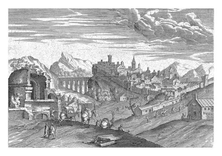 Téléchargez les photos : Vue de Lorette, Hendrick van Cleve, 1585 Vue de la ville de Lorette, selon la légende le lieu de naissance de la Vierge Marie. Au premier plan une ruine et une caravane. - en image libre de droit