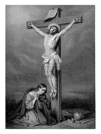 Photo for Mary Magdalene at the Cross, Dirk Jurriaan Sluyter, after Cornelis Kruseman, 1850 Mary Magdalene kneels at the cross with Christ. On the ground are a skull with knuckles. - Royalty Free Image