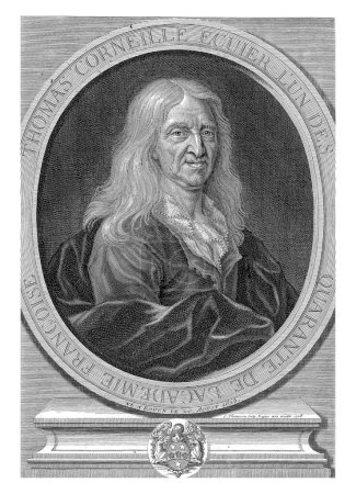 Téléchargez les photos : Portrait de Thomas Corneille dans un cadre ovale, Simon Thomassin, 1708, gravé vintage. - en image libre de droit