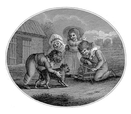 Foto de Cuatro niños jugando con gato y ratón, Antonio Suntach, Giovanni Suntach, después de William Hamilton, 1754 - 1842 A la izquierda uno de los niños sostiene un gato. - Imagen libre de derechos