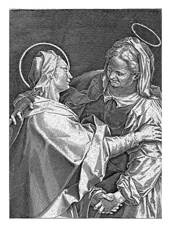 Foto de Visita, Charles de Mallery, 1581 - c. 1645 Encuentro de María e Isabel. Se dan la mano y se abrazan. Debajo de la representación dos líneas en latín. - Imagen libre de derechos