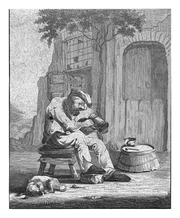 Photo for The Face: Old Man with Glasses, Abraham de Blois, after Andries Both, 1679 - 1717 An old man, sitting outside on a stool, has a pair of squeezing glasses. - Royalty Free Image