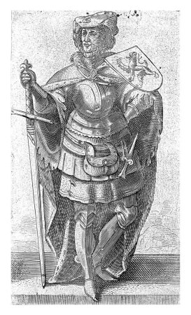 Photo for Portrait of William I, Count of Holland, Adriaen Matham, 1620 Portrait of William I, Count of Holland, standing in armor with the coat of arms of Holland on his shoulder and a sword in his hand. - Royalty Free Image
