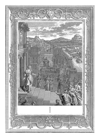 Téléchargez les photos : Cassandra prédit la chute de Troie, Bernard Picart (atelier de), après Bernard Picart, 1731 Cassandra, la fille du roi Priam, prédit la chute de Troie. - en image libre de droit