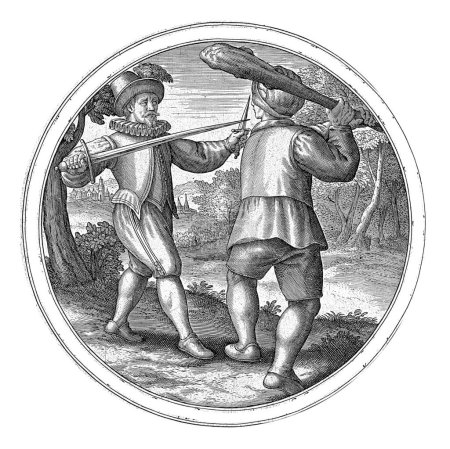 Foto de Hombres combatientes, anónimos, 1550 - 1610 Un hombre ricamente vestido, un esgrimista, con espada y daga se encuentra frente a un campesino con palo. El granjero le dice al esgrimista que el campo debe ser protegido. - Imagen libre de derechos