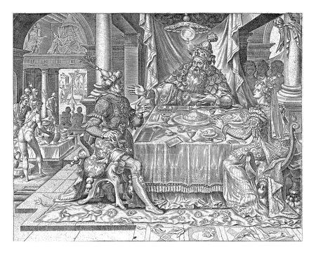 Foto de Asuero y Amán son invitados de Ester, Philips Galle, después de Maarten van Heemskerck, 1564 el rey Asuero y su oficial Amán están sentados a la mesa con Ester. - Imagen libre de derechos