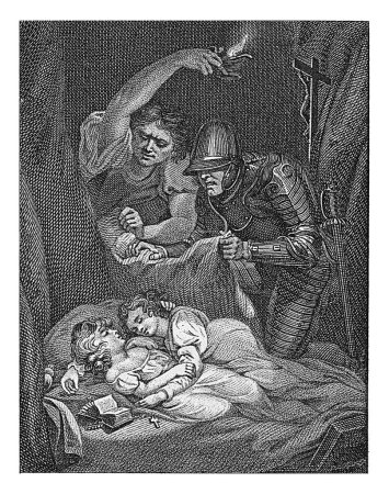 Photo for Man in armor and woman with lamp with two sleeping children, Philippus Velijn, 1821 A man in armor and a woman with a burning oil lamp with two sleeping children. - Royalty Free Image