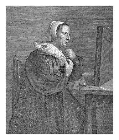Foto de Vanidad (Superbia), Lucas Vorsterman (I), después de Adriaen Brouwer, 1619 - 1675 Una anciana se sienta frente a un espejo y se sujeta el cuello. - Imagen libre de derechos