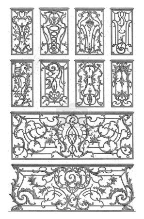 Téléchargez les photos : Pilasters and Balcony Fences, Carl Albert von Lespilliez, d'après François de Cuvillies (Sr.), 1745 Ornement de ferronnerie, huit pilastres et deux clôtures de balcon. - en image libre de droit