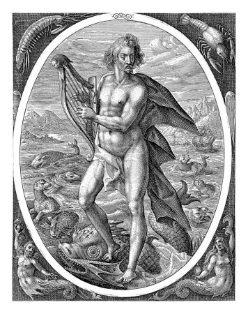 Arion : l'élément de l'eau, Crispijn van de Passe (I), 1602 Paysage marin avec Arion debout sur un dauphin et jouant de la harpe, comme allégorie de l'élément de l'eau.