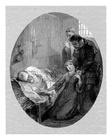 Téléchargez les photos : Figures on a Deathbed, Willem Frederik Wehmeyer, d'après Charles Rochussen, 1834-1854 Un ecclésiastique et un soldat se tiennent sur le lit de mort d'un vieil homme. - en image libre de droit