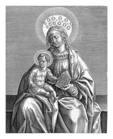 Téléchargez les photos : Marie avec le Christ Enfant, Antonie Wierix (II), 1563-1586 Marie est assise avec le Christ Enfant sur ses genoux. Autour de sa tête un halo avec des étoiles. Elle tient un livre dans sa main. - en image libre de droit