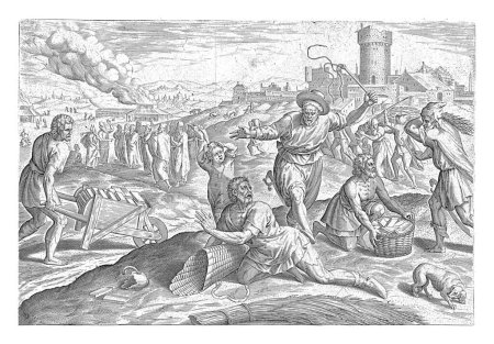 Téléchargez les photos : Abus des Israélites par les Egyptiens, Johann Sadeler (I), d'après Marten van Cleve (I), 1639 Un ouvrier israélite tombe à terre et est fouetté par l'un des surveillants égyptiens du Pharaon. - en image libre de droit