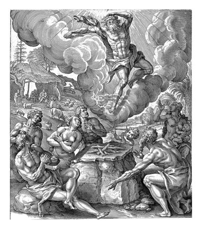 Foto de Ascensión de Enoc, Jerónimo Wierix, después de Maerten de Vos, 1582 - 1583 Enoc asciende al cielo. En el suelo, en un altar, la gente lo observa. En el fondo Enoc con su familia. - Imagen libre de derechos