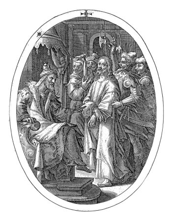 Foto de Cristo ante Pilato, Crispijn van de Passe (I), 1601 Cristo es llevado ante Pilato por soldados armados. Pilato se sienta en su trono y le pregunta si es el rey de los judíos. - Imagen libre de derechos