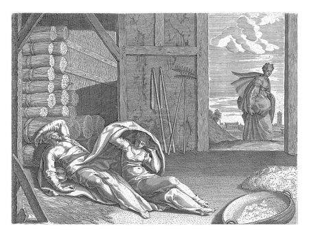 Téléchargez les photos : Ruth dort au pied de Boaz, Philips Galle, d'après Adriaan de Weerdt, 1557-1591 Boaz dort dans une grange de maïs. Ruth s'allonge à ses pieds la nuit. À l'aube, elle quitte à nouveau la grange. - en image libre de droit