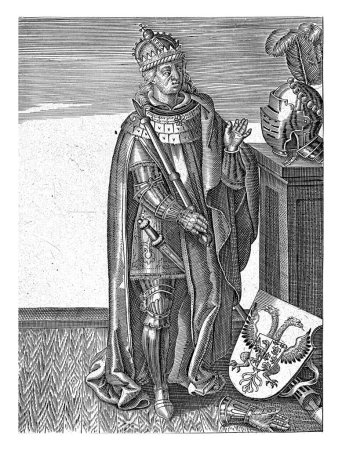 Téléchargez les photos : Portrait de Louis le Pieux, anonyme, 1600 Portrait du roi Louis le Pieux, fils de Charlemagne. Debout, à ses pieds, en armure pleine. - en image libre de droit