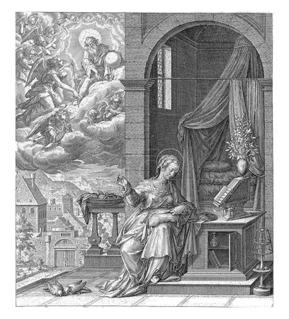 Photo for God sends the angel Gabriel to Mary, Johann Sadeler (I), after Frederik Sustris, 1588 - 1595 In the right foreground, Mary is sitting on a platform doing needlework. - Royalty Free Image