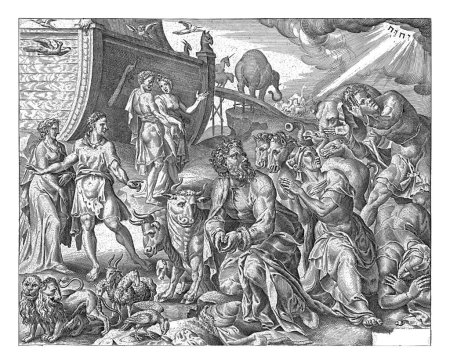 Photo for Noah thanks God for the rescue of the ark, Cornelis Cort, after Maarten van Heemskerck, 1600 - 1652 Noah and his family kneeling on the ground, looking up at the symbol for God above them a cloud. - Royalty Free Image