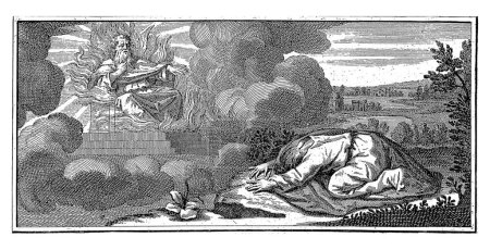 Foto de Escena alegórica o bíblica con una figura arrodillada de un hombre en un trono con llamas, Claude Augustin Duflos, después de Gabriel Francois Louis Debrie, 1728 - Imagen libre de derechos