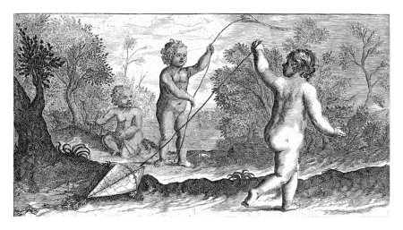 Kinder fliegen Drachen, Joseph Antoine Cochet, nach Johannes Popels, um 1645 - um 1670 Drei nackte Kinder heben Drachen ab. 15. Druck aus einer unbekannten Druckserie.