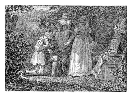 Photo for Man kneeling with a woman at a garden bench, Philippus Velijn, after Jacob Smies, 1811 A man kneels before a woman with a group around a bench in a garden. - Royalty Free Image