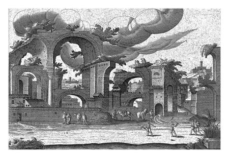 Foto de Vista de las ruinas de los baños de Diocleciano, Hendrick van Cleve, 1585 Vista de las ruinas de los baños de Diocleciano desde el lado. En primer plano algunos caminantes y dos hombres jugando croquet. - Imagen libre de derechos