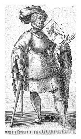 Photo for Portrait of Dirk VII, Count of Holland, Adriaen Matham, 1620 Portrait of Dirk VII, Count of Holland, standing in armor with the coat of arms of Holland on his shoulder and a sword in his hand. - Royalty Free Image
