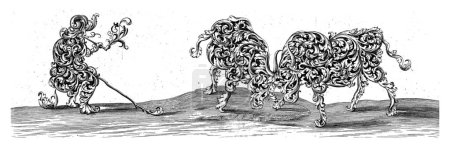 Téléchargez les photos : Deux chèvres combattantes, Anthonie de Winter (peut-être), 1698 À gauche des chèvres se trouve un berger fumeur de pipe. Modèles pour orfèvres d'animaux et figures composées d'ornements de feuilles. - en image libre de droit