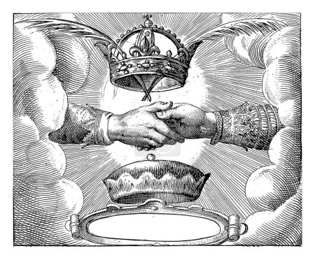 Foto de Manos entre dos coronas, Crispijn van de Passe (I), 1613 Portada con título y texto en impresión tipográfica en neerlandés. Debajo de eso entre dos coronas, dos manos estrechando las manos. - Imagen libre de derechos